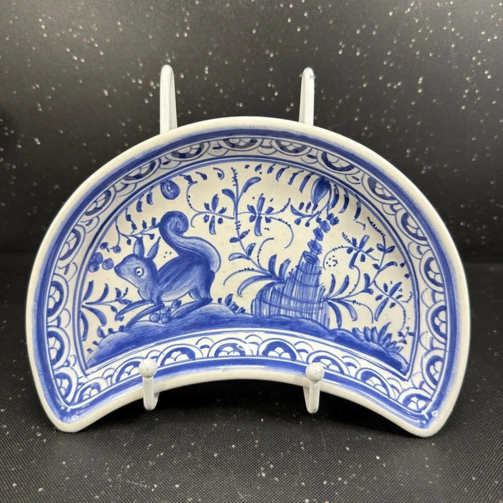 Eximious Portugal Hand Painted Blue White Squirrel Crescent Bone Dish Plate Dish
